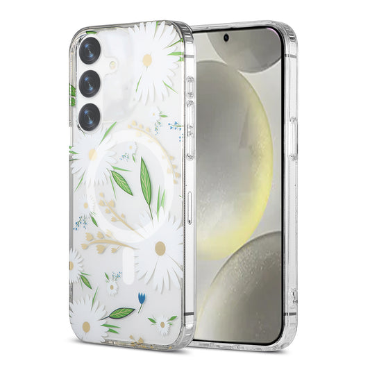 Samsung Galaxy S24 Mobilskal Magnet - Blommor Vit image 2