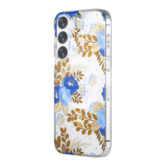 Samsung Galaxy S23 Mobilskal Magnet - Blommor Blå/Guld image 2