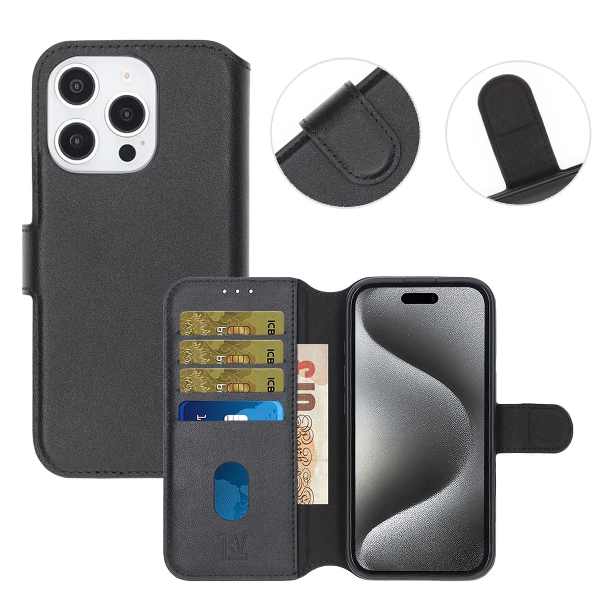 iPhone 16 Pro Max Plånboksfodral Äkta Läder Rvelon - Svart image 5