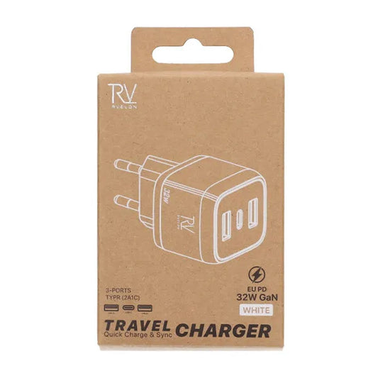 Rvelon Väggladdare USB-C + 2x USB-A 32W GaN - Vit image 4
