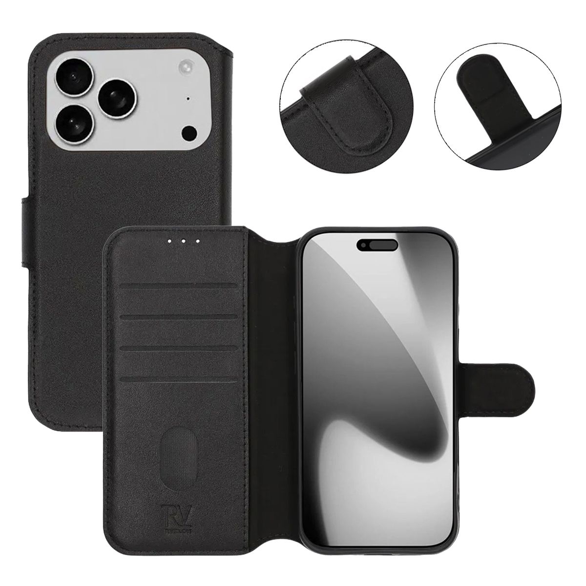 Rvelon Plånboksfodral Äkta Läder för iPhone 17 Pro - Svart