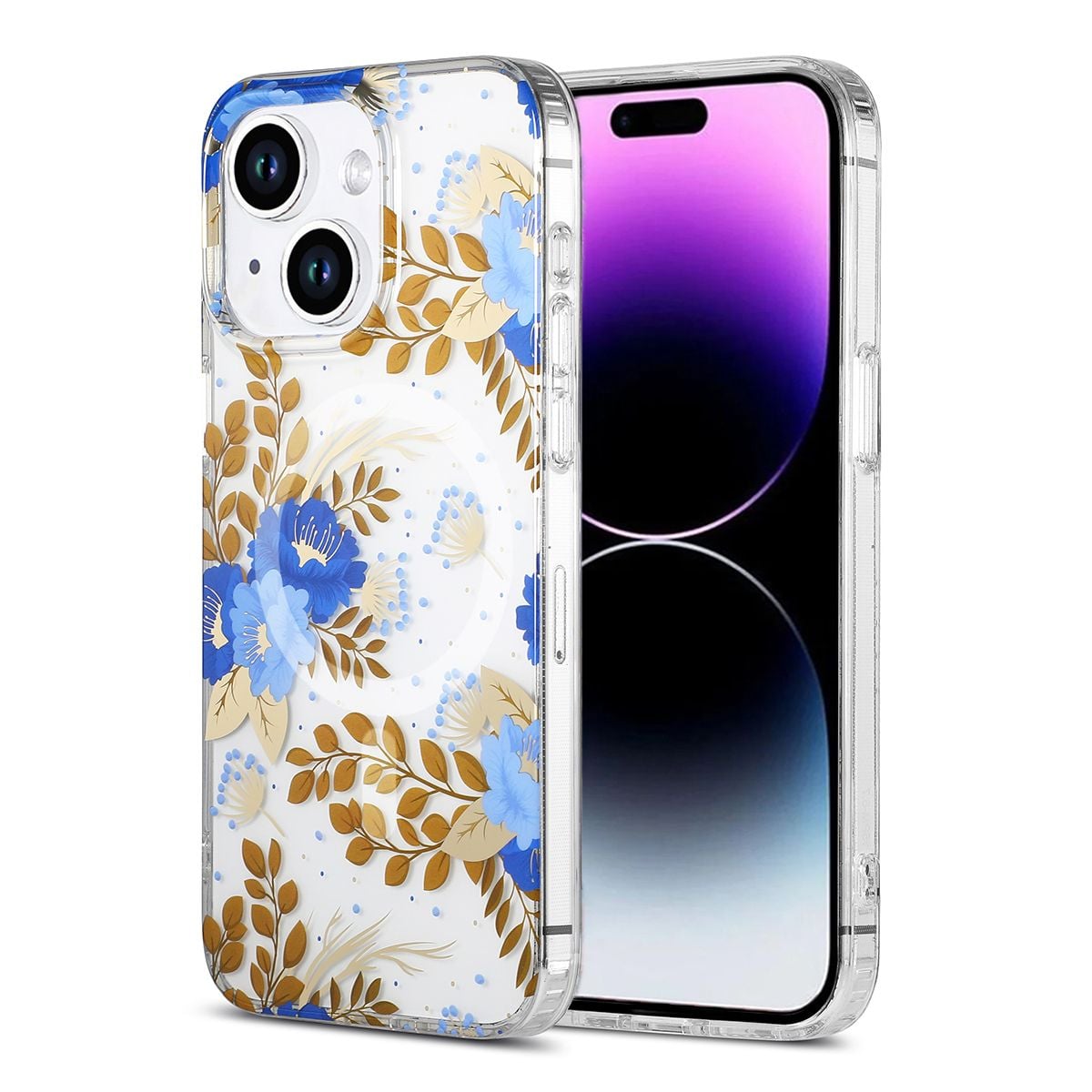 iPhone 14/15 Plus Mobilskal MagSafe - Blommor Blå/Guld image 1