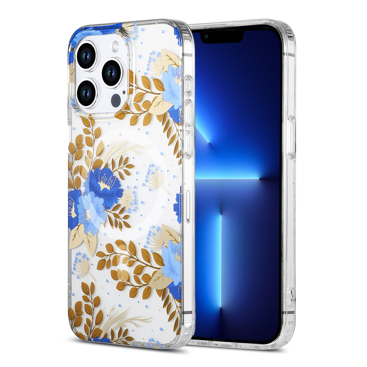 iPhone 13 Pro Mobilskal MagSafe - Blommor Blå/Guld image 1