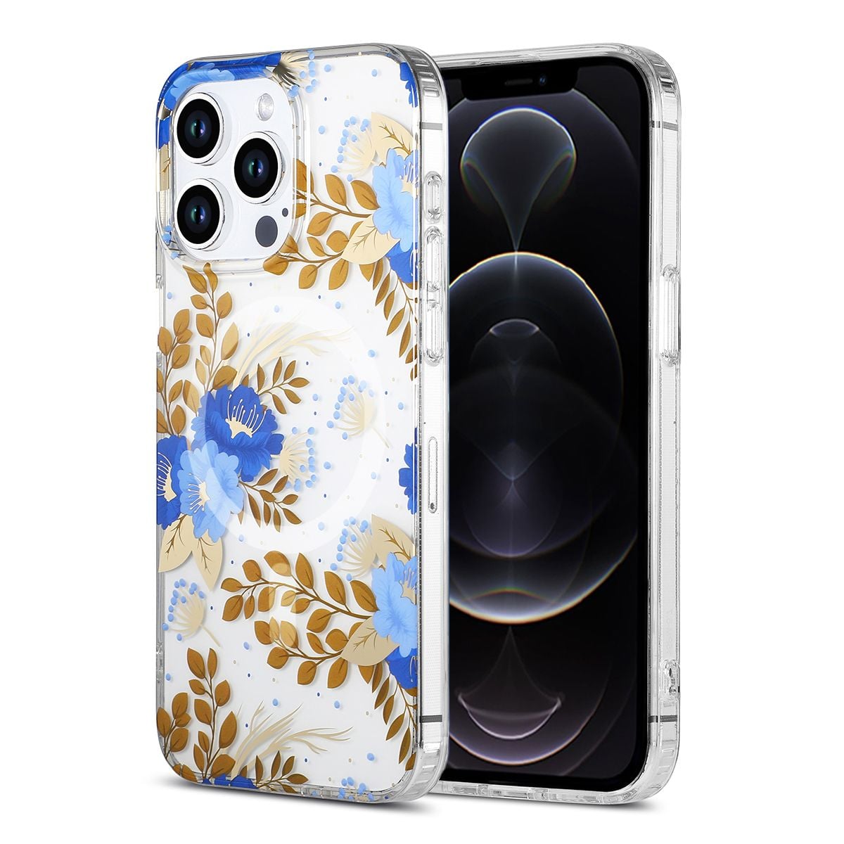 iPhone 12/12 Pro Mobilskal MagSafe - Blommor Blå/Guld image 1