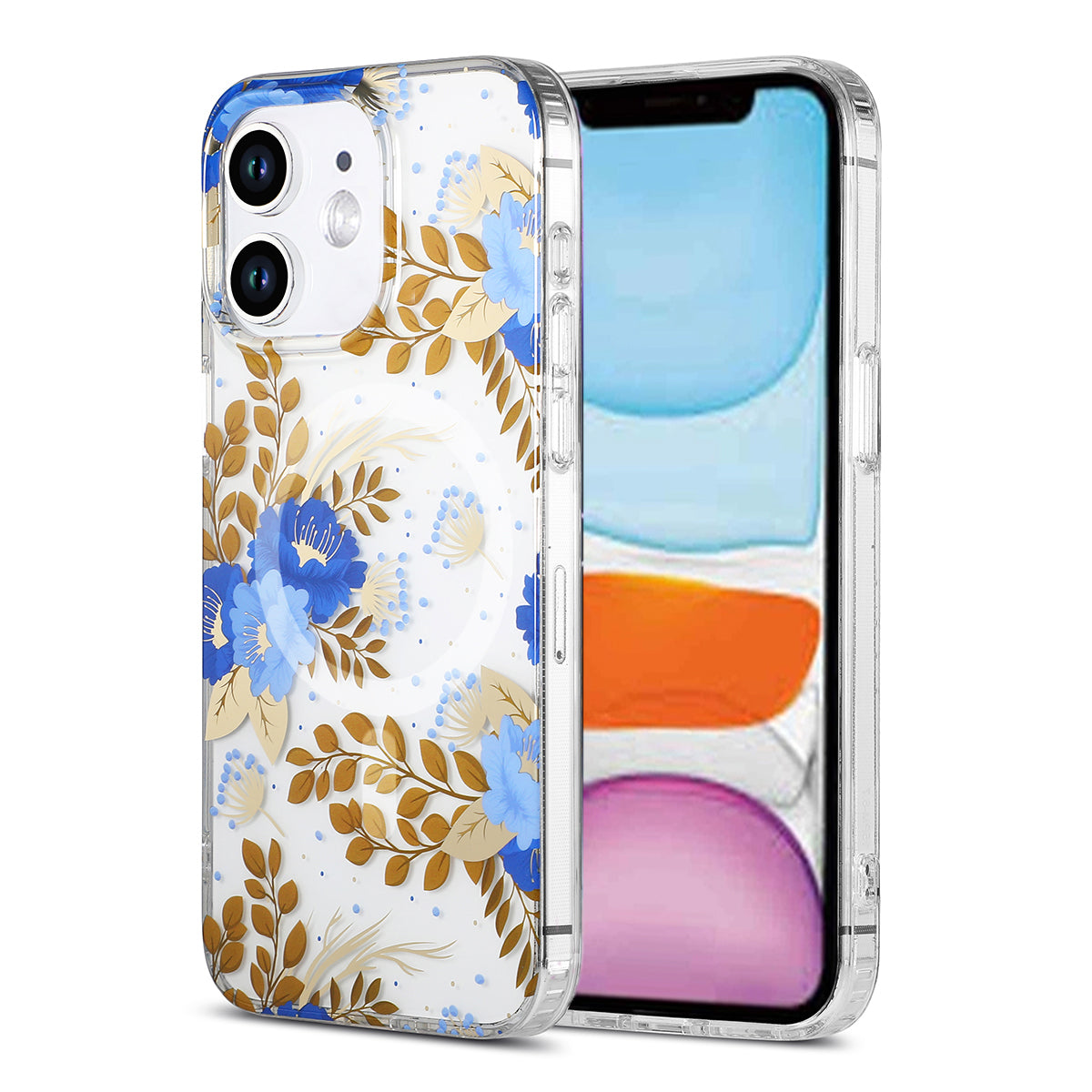 iPhone 11 Mobilskal MagSafe - Blommor Blå/Guld image 1