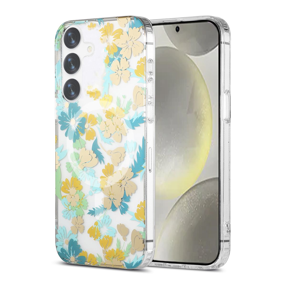 Samsung Galaxy S24 Mobilskal Magnet - Blommor Turkos image 1