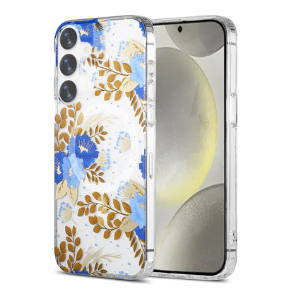Samsung Galaxy S24 Mobilskal Magnet - Blommor Blå/Guld image 1