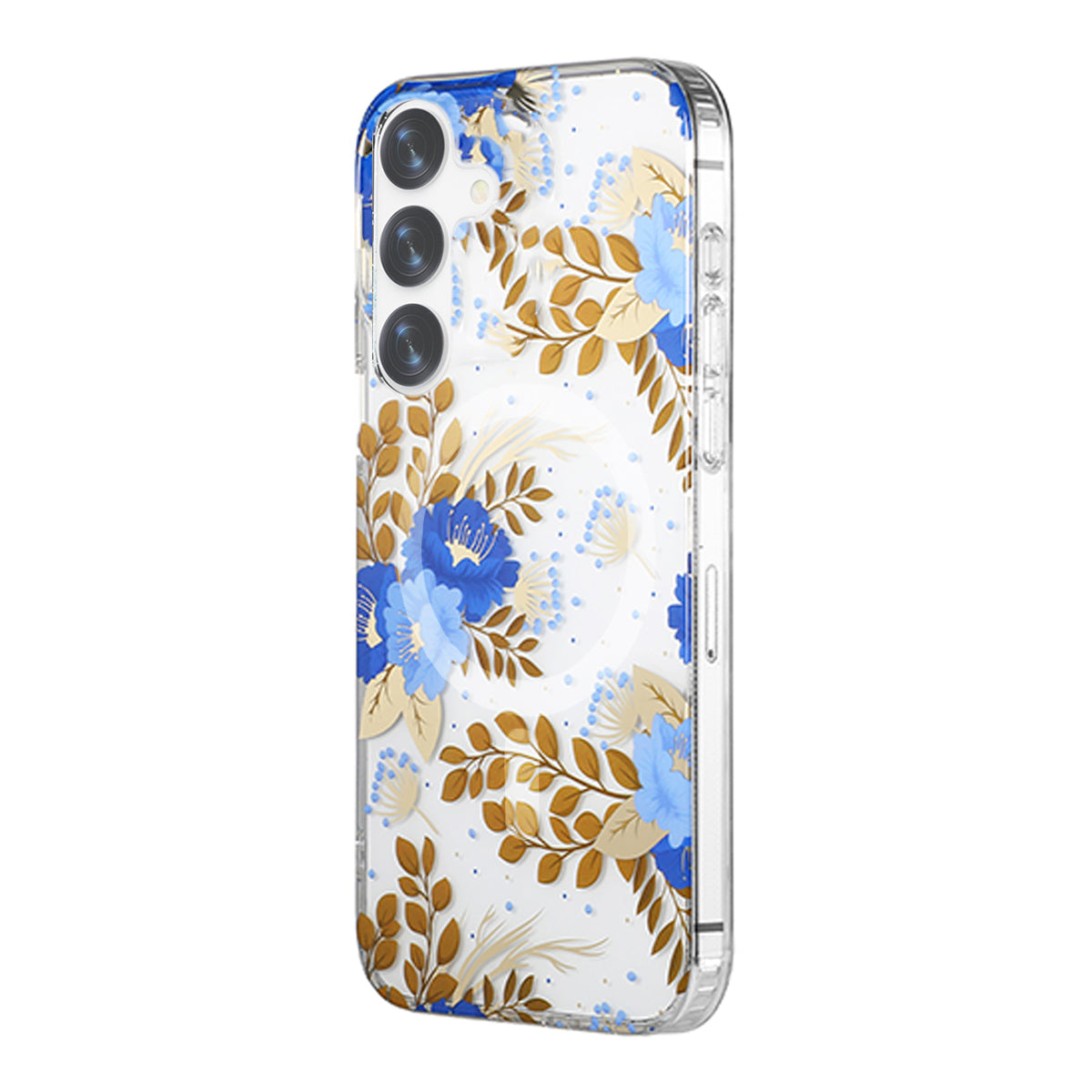 Samsung Galaxy S24 Mobilskal Magnet - Blommor Blå/Guld image 2