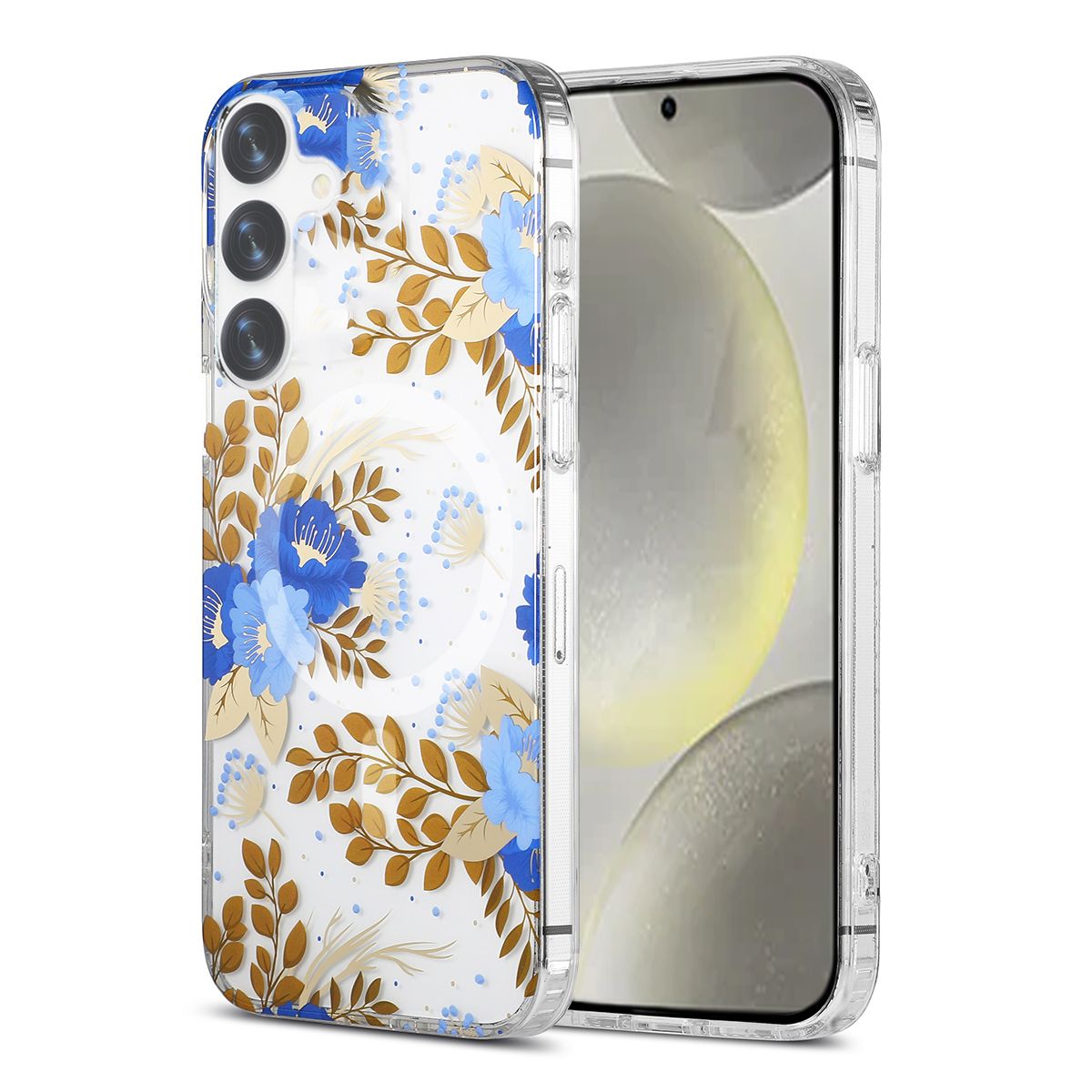 Samsung Galaxy S24 Plus Mobilskal Magnet - Blommor Blå/Guld image 1