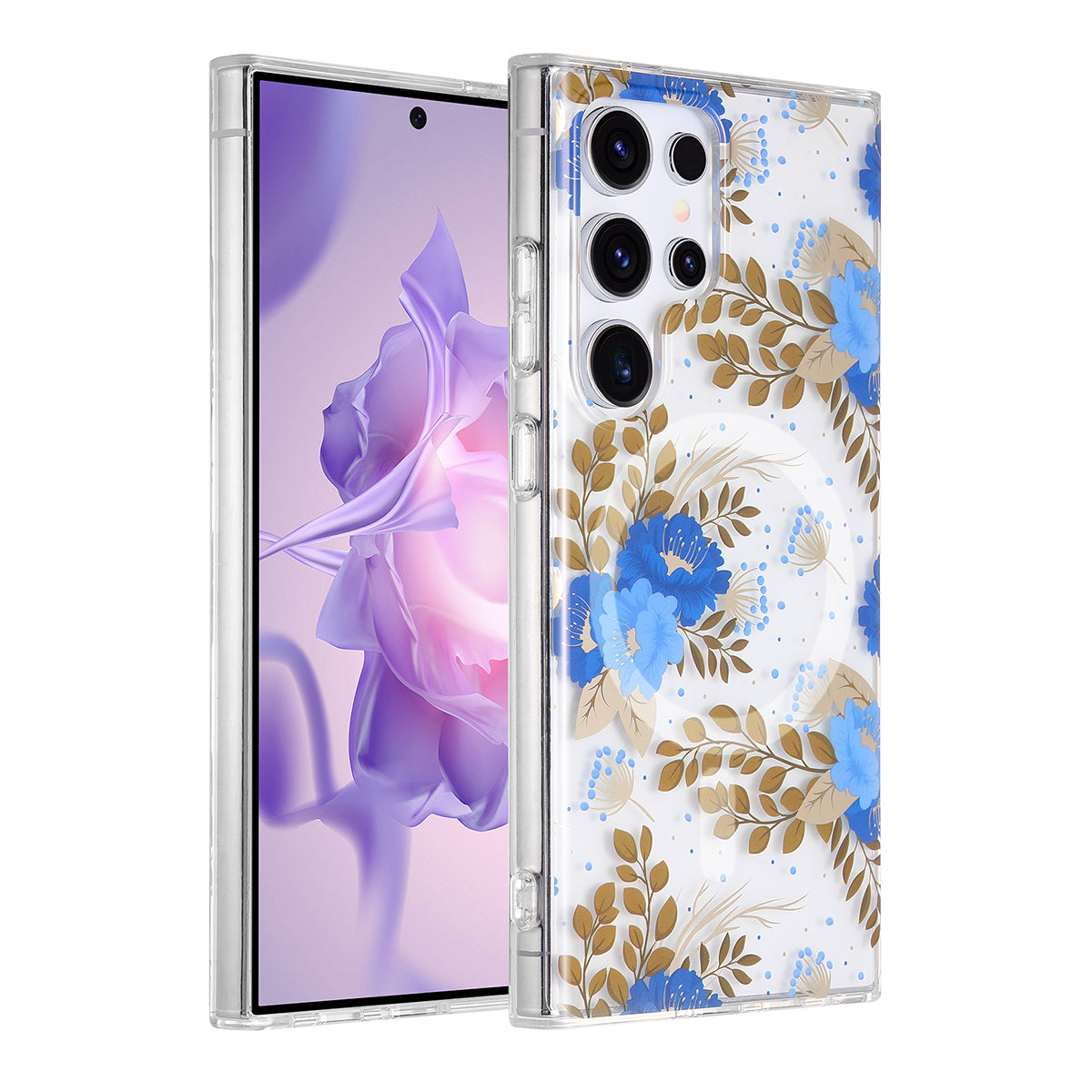 Samsung Galaxy S24 Ultra Mobilskal Magnet - Blommor Blå/Guld image 1