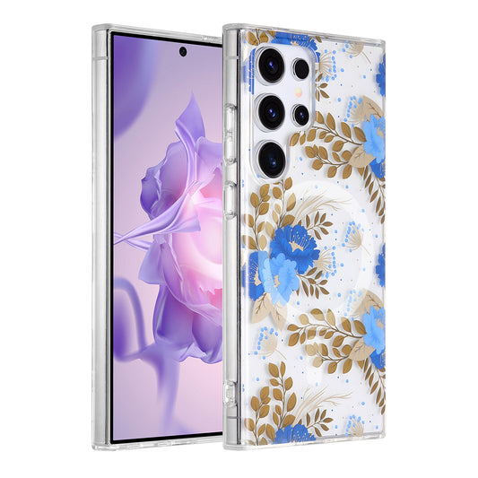 Samsung Galaxy S24 Ultra Mobilskal Magnet - Blommor Blå/Guld image 1