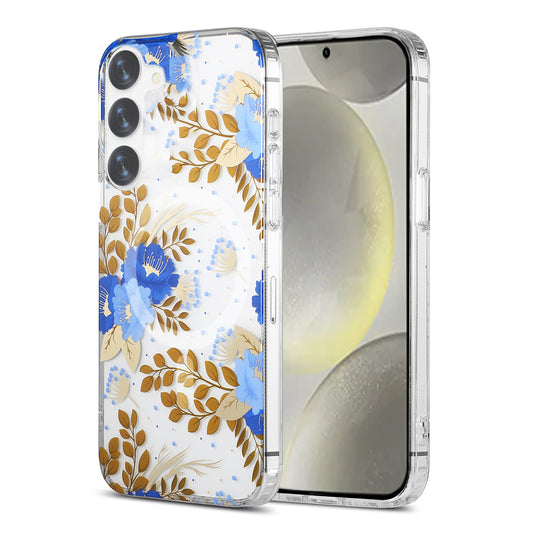 Samsung Galaxy S23 Mobilskal Magnet - Blommor Blå/Guld image 1