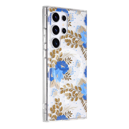 Samsung Galaxy S23 Ultra Mobilskal Magnet - Blommor Blå/Guld image 2