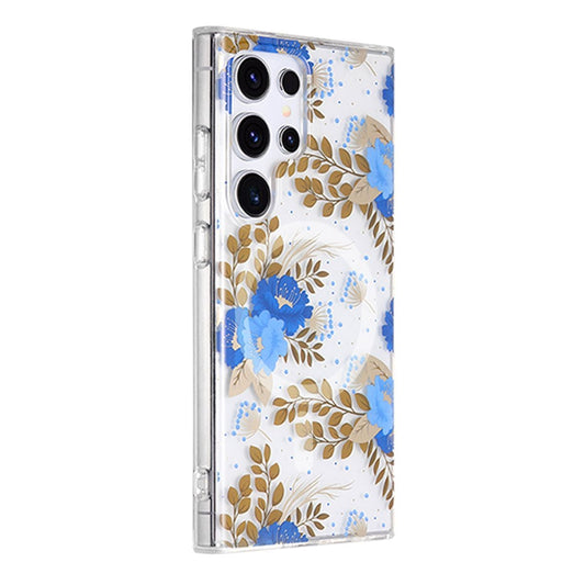 Samsung Galaxy S23 Ultra Mobilskal Magnet - Blommor Blå/Guld image 2