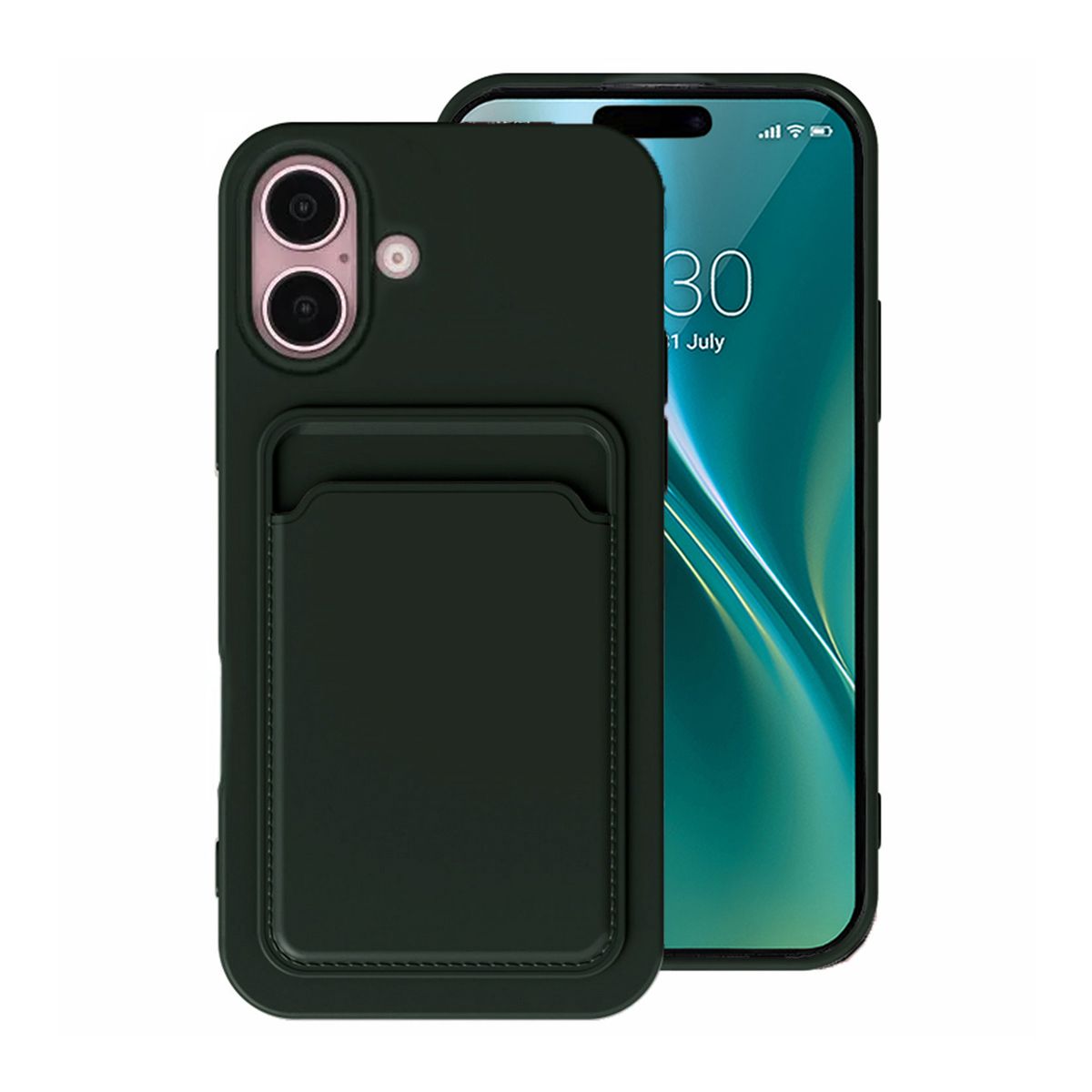 iPhone 16 Plus Mobilskal Silikon med Korthållare - Militärgrön image 1