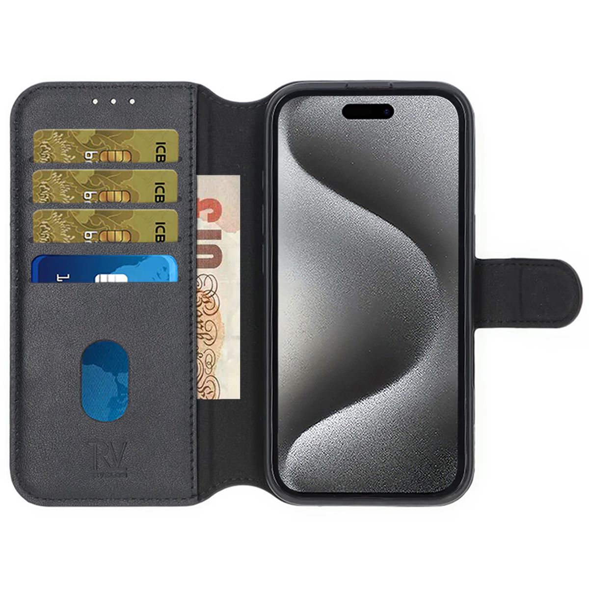 iPhone 16 Pro Plånboksfodral Äkta Läder Rvelon - Svart image 2
