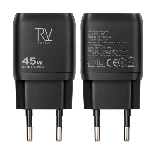 Rvelon USB C Väggladdare 45W GaN Dubbel Port- Svart image 1