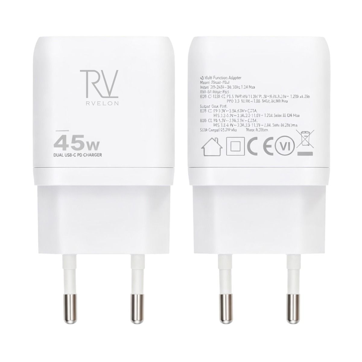 Rvelon USB C Väggladdare 45W GaN Dubbel Port- Vit image 1