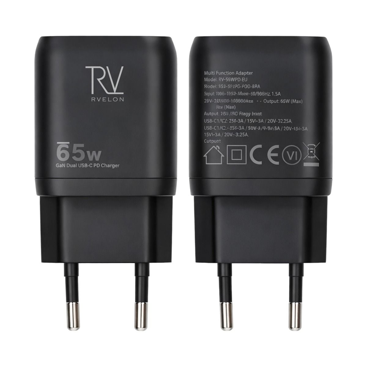 Rvelon Väggladdare 2x USB-C + USB-A 65W GaN - Svart image 1