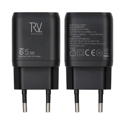 Rvelon Väggladdare 2x USB-C + USB-A 65W GaN - Svart image 1