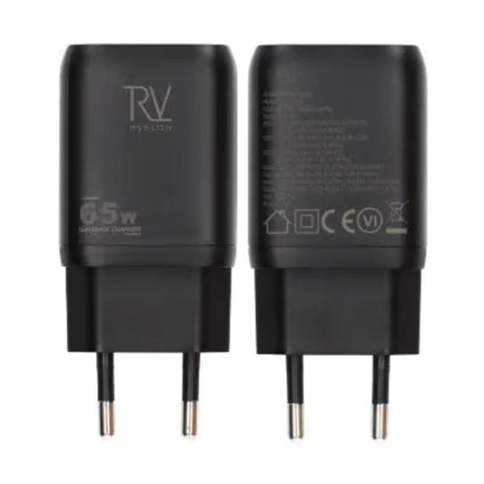 Rvelon Väggladdare 2x USB-C + USB-A 65W GaN - Svart image 1