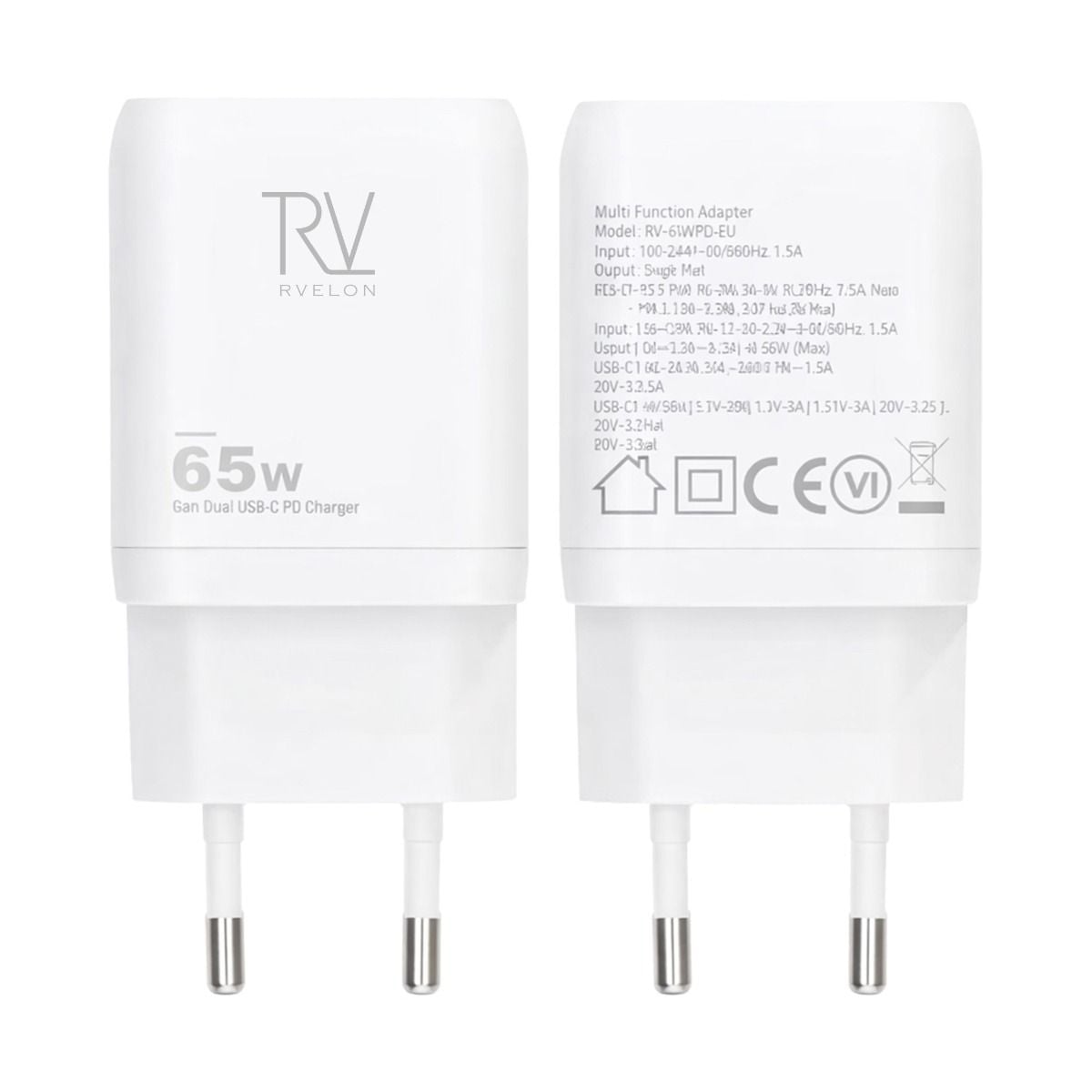 Rvelon Väggladdare 2x USB-C + USB-A 65W GaN - Vit image 1