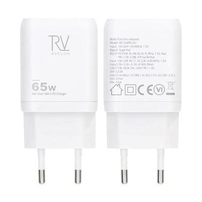 Rvelon Väggladdare 2x USB-C + USB-A 65W GaN - Vit image 1
