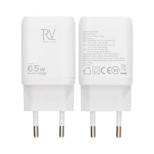 Rvelon Väggladdare 2x USB-C + USB-A 65W GaN - Vit image 1