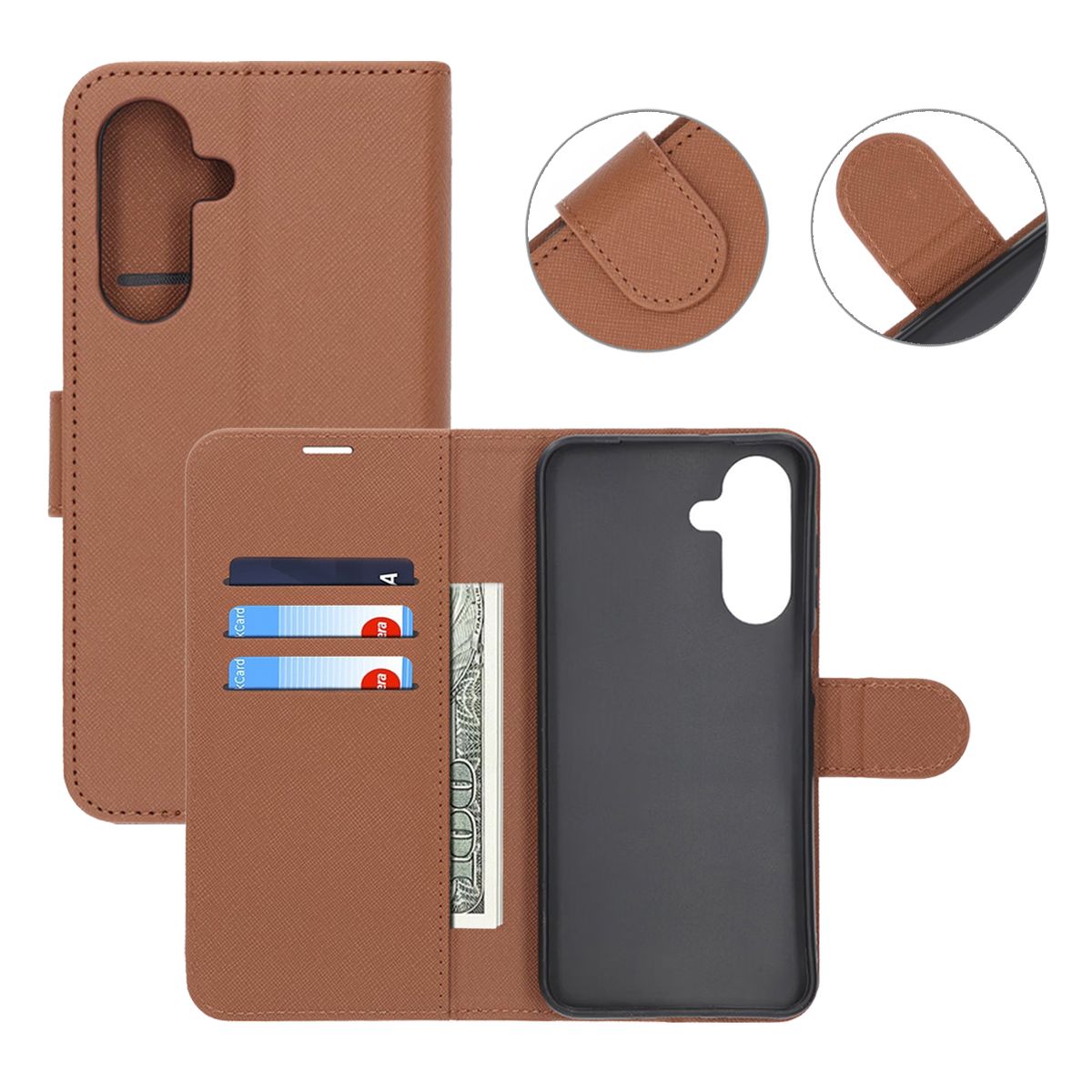 Flip Stand Leather Wallet Case For Samsung A26 Brown