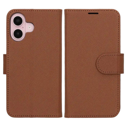 Flip Stand Leather Wallet Case For iPhone 16 Brown