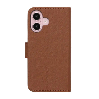 Flip Stand Leather Wallet Case For iPhone 16 Brown