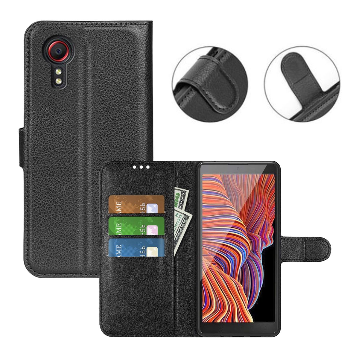 Flip Stand Leather Wallet Case For Samsung XCover 7 Black