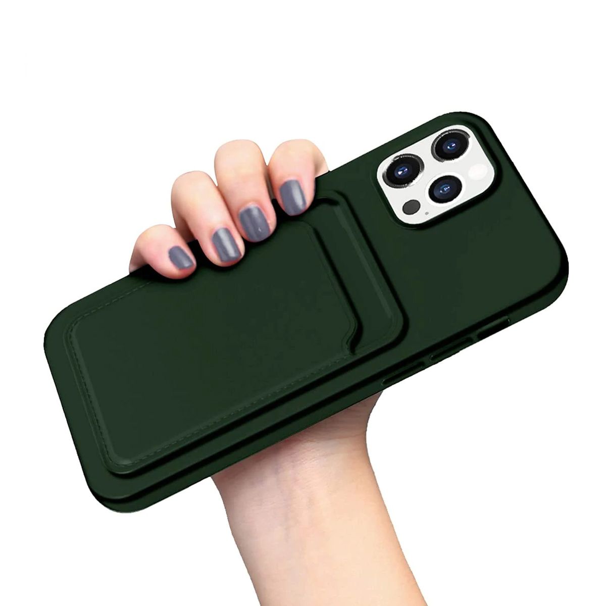 iPhone 12 och 12 Pro Silikonskal med Korthållare - Militärgrön