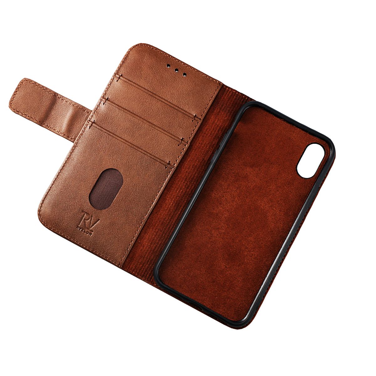 Rvelon Plånboksfodral Läder för iPhone X och XS - Brun