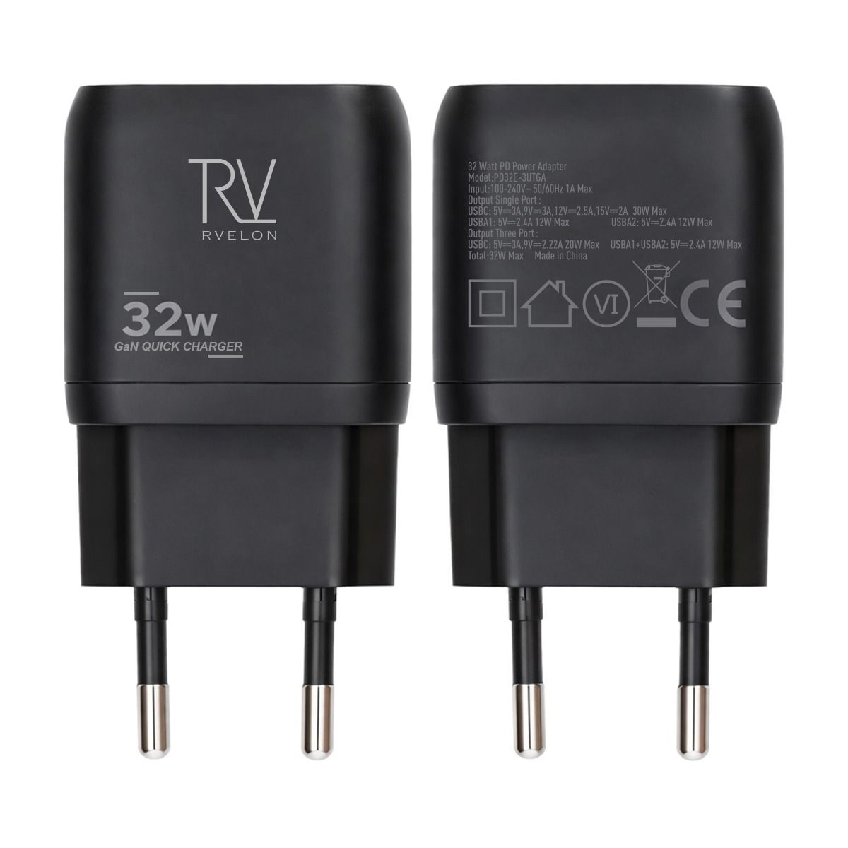 Rvelon Väggladdare USB-C + 2x USB-A 32W GaN - Svart