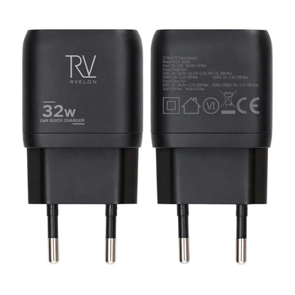 Rvelon Väggladdare USB-C + 2x USB-A 32W GaN - Svart