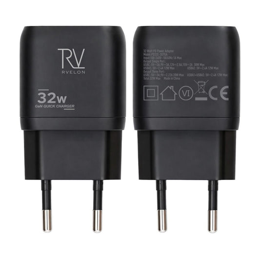 Rvelon Väggladdare USB-C + 2x USB-A 32W GaN - Svart