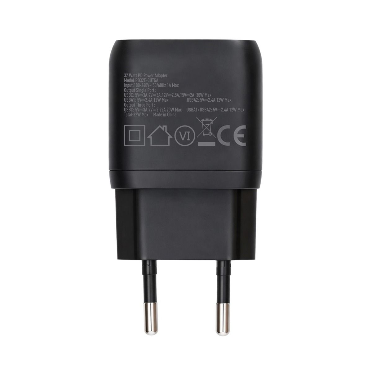 Rvelon Väggladdare USB-C + 2x USB-A 32W GaN - Svart