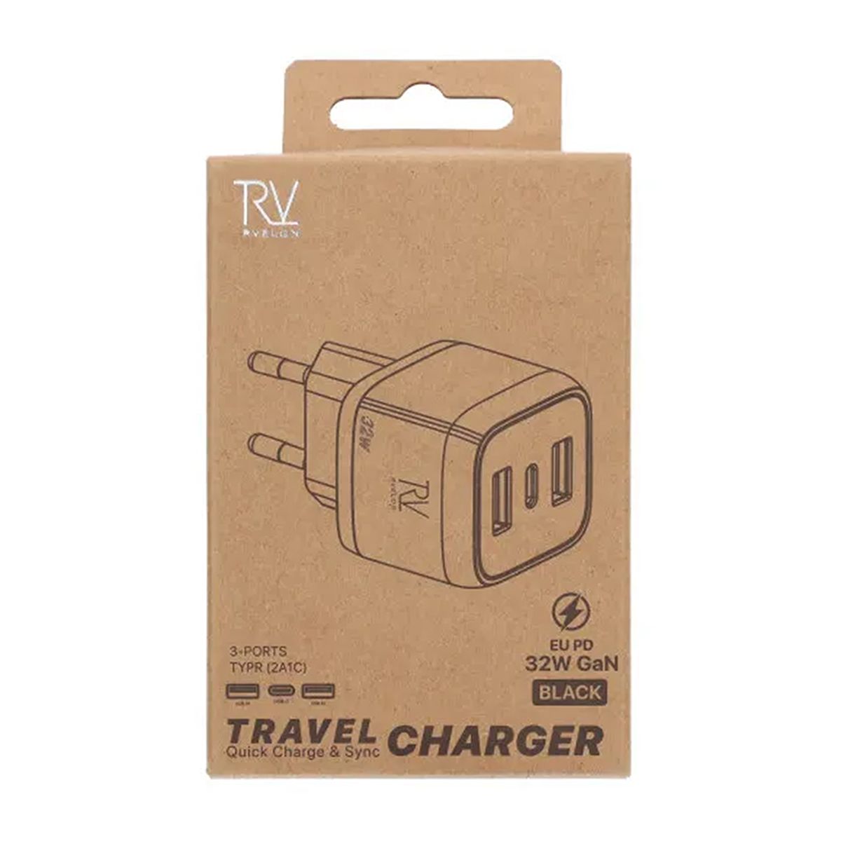 Rvelon Väggladdare USB-C + 2x USB-A 32W GaN - Svart