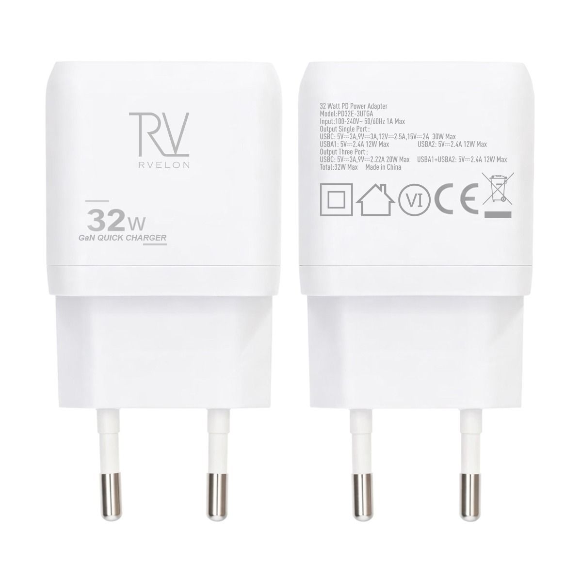 Rvelon Väggladdare USB-C + 2x USB-A 32W GaN - Vit