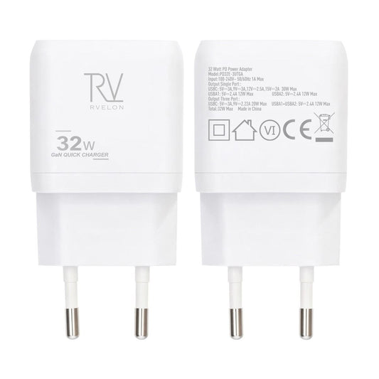 Rvelon Väggladdare USB-C + 2x USB-A 32W GaN - Vit
