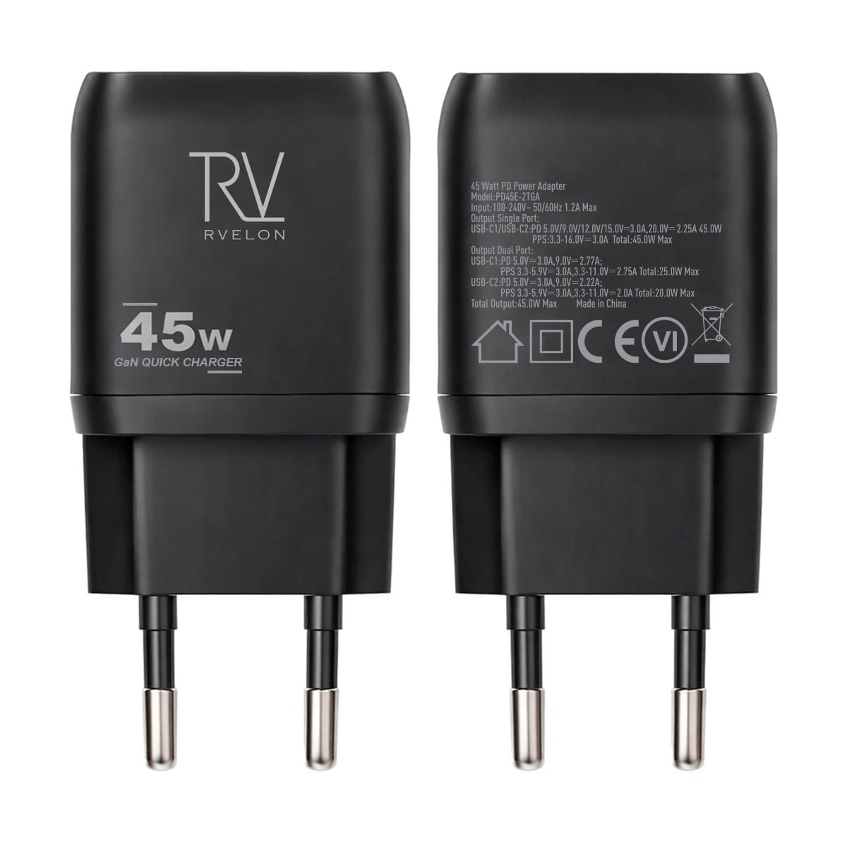 Rvelon USB C Väggladdare 45W GaN Dubbel Port- Svart