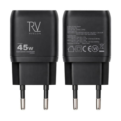 Rvelon USB C Väggladdare 45W GaN Dubbel Port- Svart