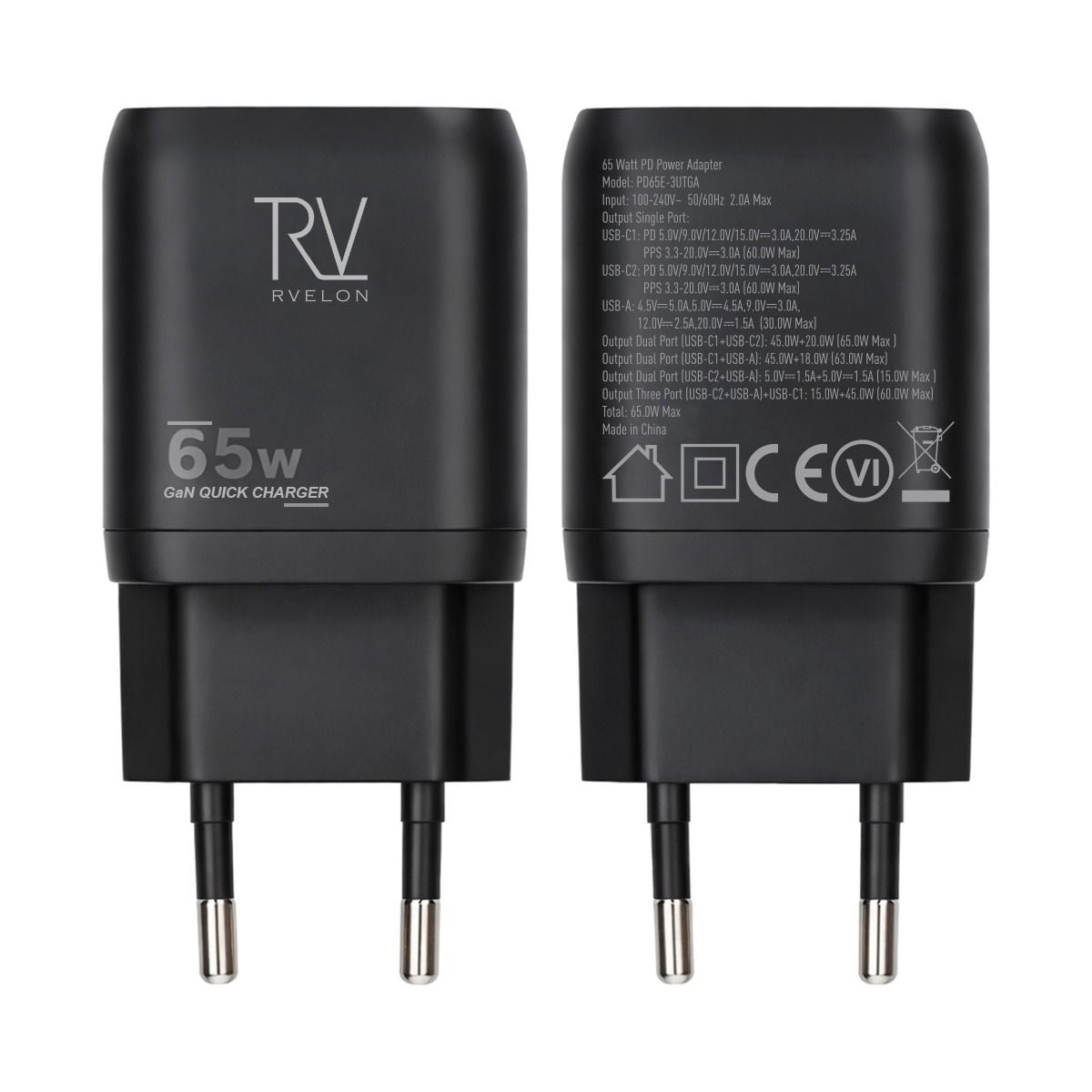 Rvelon Väggladdare 2x USB-C + USB-A 65W GaN - Svart