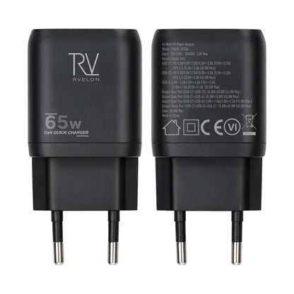 Rvelon Väggladdare 2x USB-C + USB-A 65W GaN - Svart