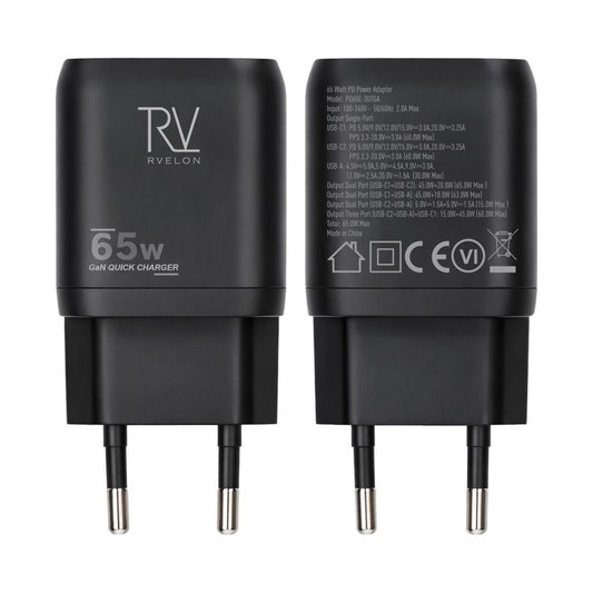 Rvelon Väggladdare 2x USB-C + USB-A 65W GaN - Svart