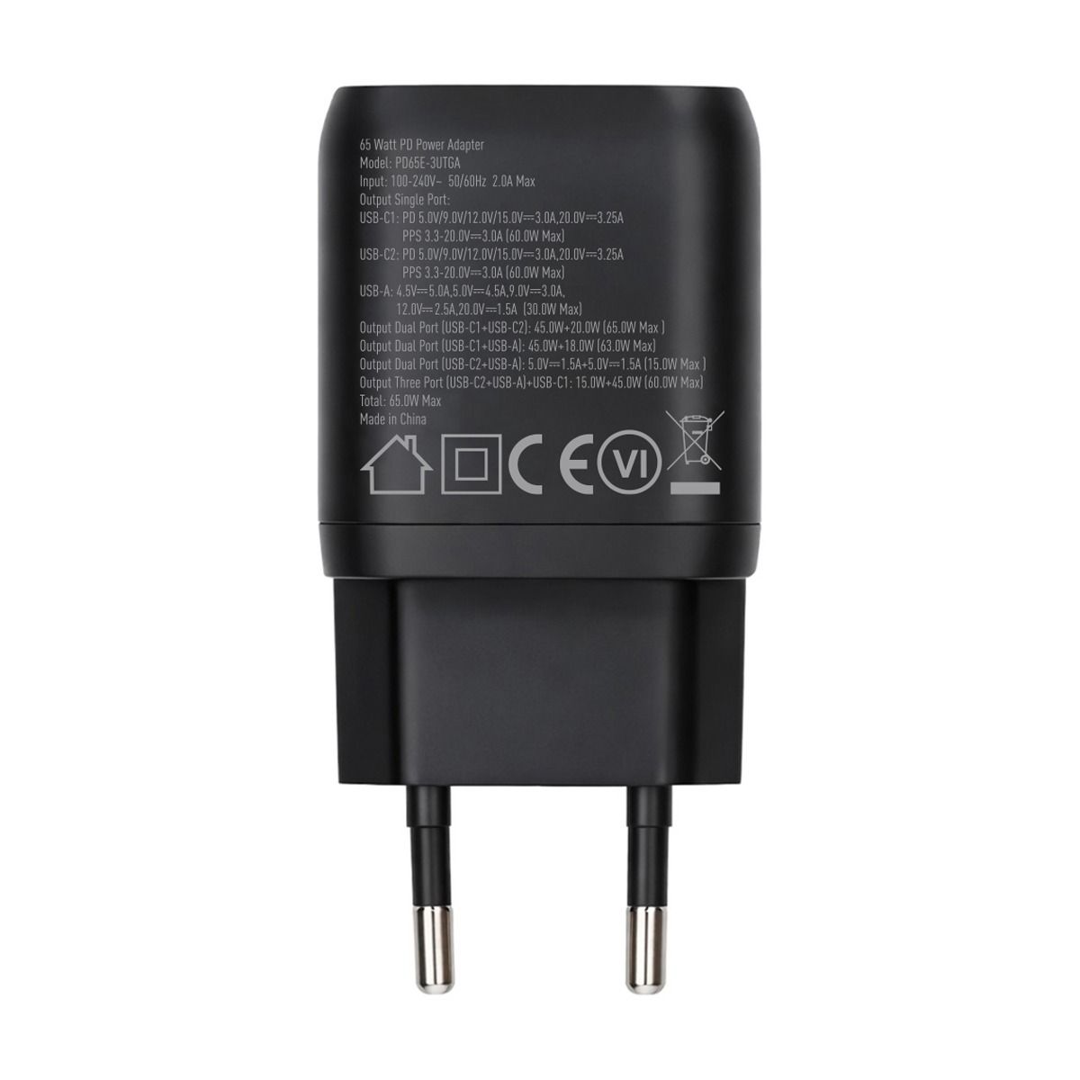Rvelon Väggladdare 2x USB-C + USB-A 65W GaN - Svart