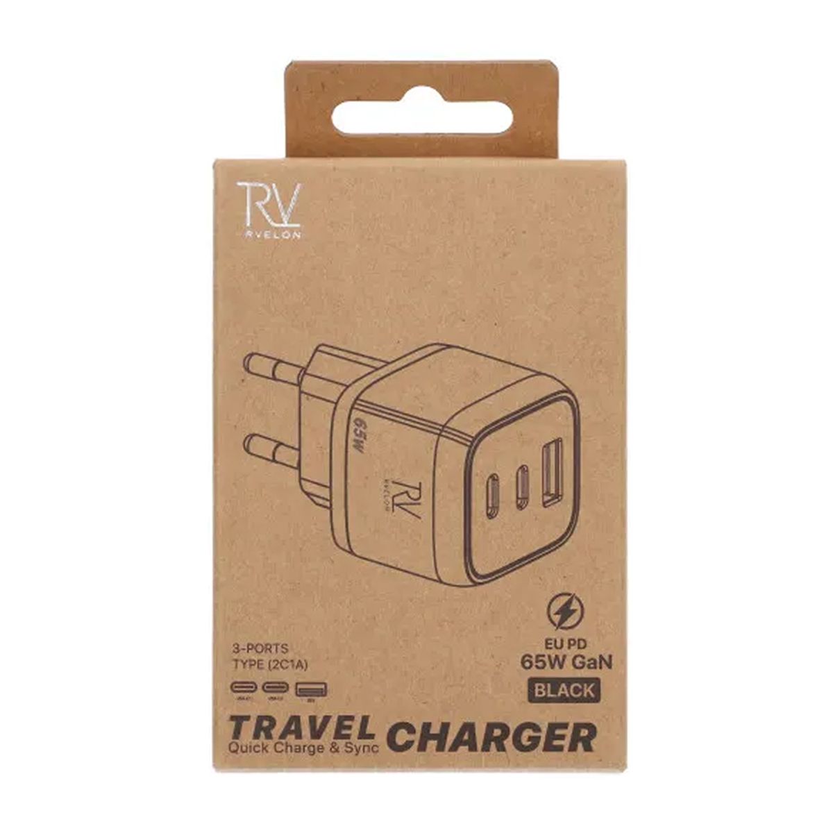 Rvelon Väggladdare 2x USB-C + USB-A 65W GaN - Svart